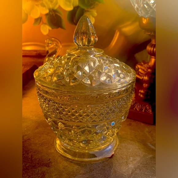 Vintage Clear Glass Candy Jar with Lid 6” x 3.75" Diamond Design - Picture 1 of 8